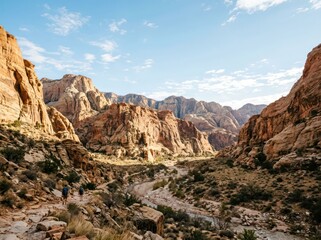 Fototapeta premium Dramatic Desert Canyon Landscape with Eroded Sandstone Cliffs Under Clear Blue Sky