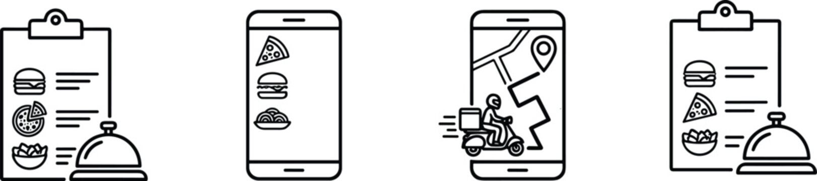 Online Food Ordering Menu and Courier GPS Route Tracking Interface Line Icon Set with Mobile App Dashboards Clipboard Checklists and Serving Cloche Vectors
