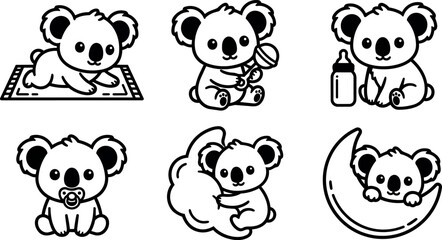 Naklejka premium Black and white cute baby koalas with rattle bottle pacifier moon