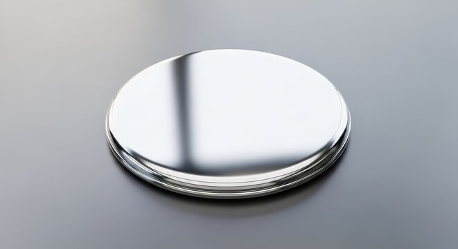 A clean, blank metal pin button badge rests on a neutral surface, showcasing a polished steel finish perfect for custom graphic placement, merchandise, minimal, graphic