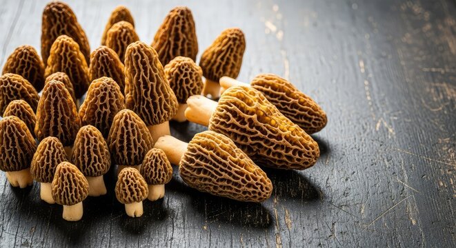 A collection of freshly harvested wild morel mushrooms rests on a weathered, dark wooden surface, showcasing their unique honeycomb texture, savory, wood, earth
