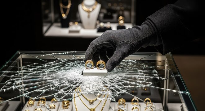 A dark hood and glove reach into a broken glass case filled with gold rings and necklaces inside a quiet retail store during the night, glimmer, ring, retail