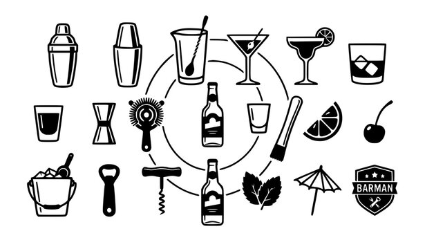 Bartender Bar Equipment Line and Solid Icons Black and White Cocktail Vector Collection