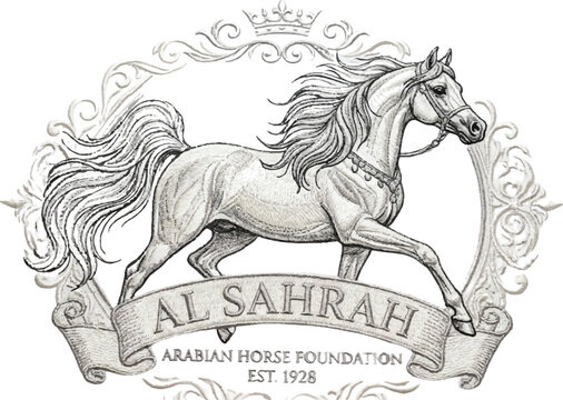 An elegant horse runs freely in a decorative setting with a banner.