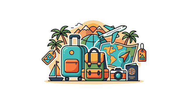 Tropical vacation montage with luggage globe map plane and camera