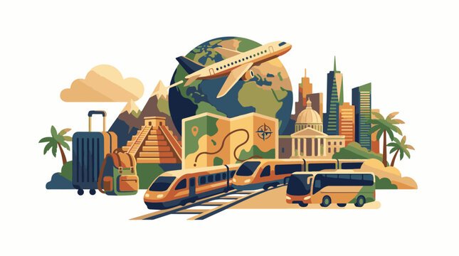 Collage of travel elements plane globe ancient ruins modern city and transport