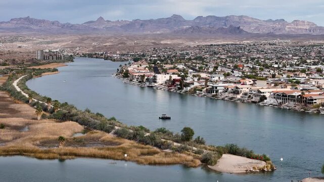 Drone Shot of Laughlin Nevada USA and Colorado River Big Bend on Sunny Day