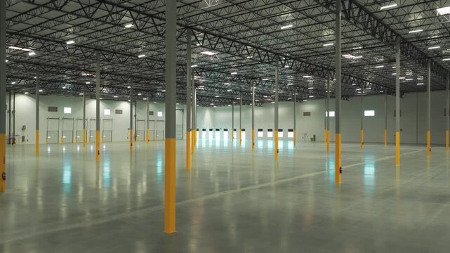 Aerial wide dolly shot inside a vast empty warehouse in Lancaster, California. 4K