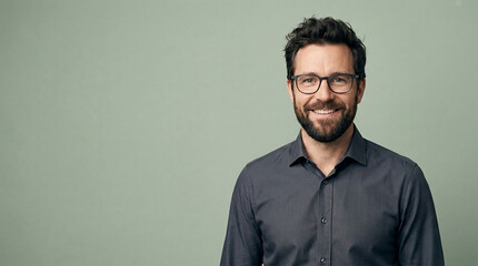 Fototapeta premium Headshot of a smiling man with glasses and beard, against a plain light green background, representing professional, confident, or modern persona, with free space