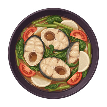 Vibrant filipino sinigang stew with succulent milkfish, crisp water spinach, tomato, radish in savory tamarind broth, dark bowl on white, appetizing cultural comfort food