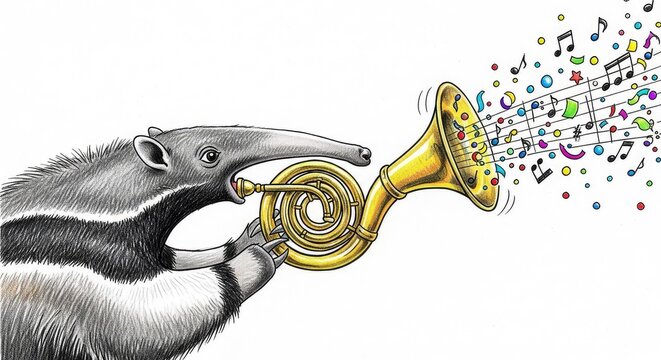 A whimsical hand-drawn sketch of a long-nosed anteater blowing into a curly brass horn amidst floating musical notes and colorful confetti, texture, pencil, doodle