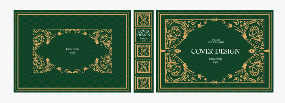 Elegant horizontal vintage book cover design with ornate Art Nouveau frame, geometric decorative ornaments, and luxurious retro style for publications, albums, posters, and premium layouts