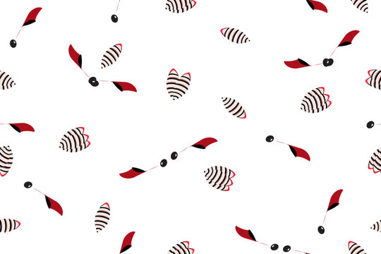 Elegant seamless botanical pattern featuring stylized striped seed pods, graceful berry-inspired stems, and flowing crimson leaves arranged with generous negative space.
