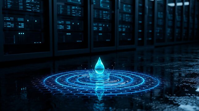 Data drop blue water splash in server room with hexagonal grid