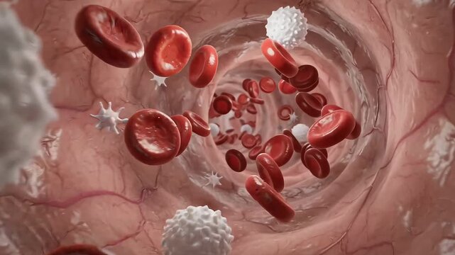 Red and white blood cells flowing through a human artery