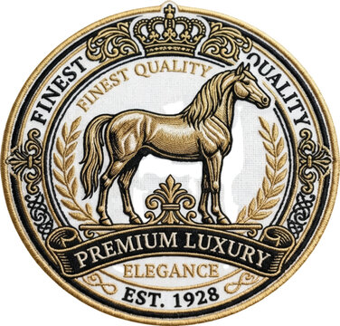 Luxury gold horse emblem showcases premium quality and elegance in a circular ornate design with a crown.