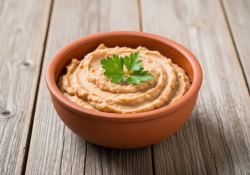 Creamy refried beans served in a rustic terracotta bowl, topped with a fresh green parsley garnish on a weathered wooden table background, nutrition, snack, side dish