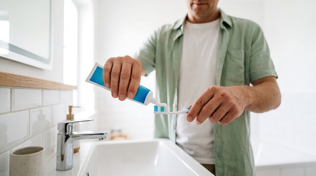 Close-up of man squeezing toothpaste onto toothbrush for daily oral care