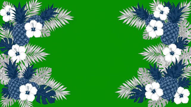 Tropical pineapple hibiscus foliage border frame on green screen background for video compositing overlay design template featuring exotic floral summer plant elements
