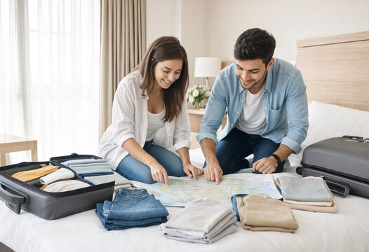 Couple points at a map while packing clothes and suitcases on a bed. They prepare for travel together in a bright bedroom setting.