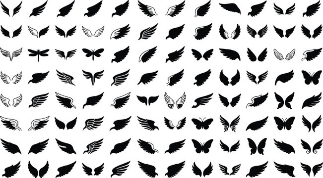 Wings silhouettes mega collection set featuring angel bird butterfly and insect wing graphic elements for creative tattoo design