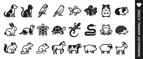 Fototapeta premium Minimalist animal silhouette collection featuring domestic pets, wildlife, and farm animal vector icons