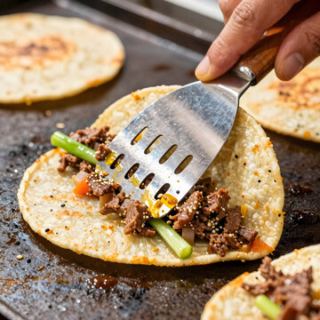 Extreme close-up of a hand using a metal spatula to press a smashed burger taco flat onto a hot iron grill.