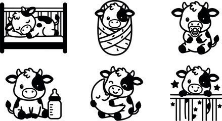 Fototapeta premium Black and white baby cow collection with nursery objects and sleeping poses