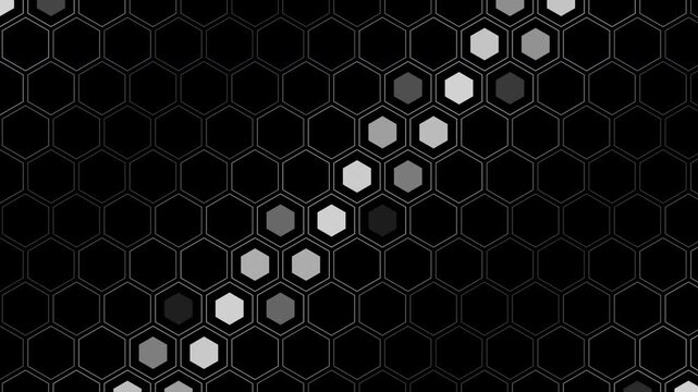 White hexagon grid with pulsing wave, transparent background seamless loop animation