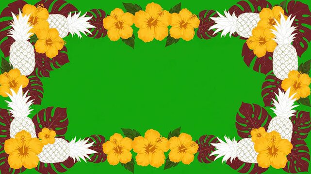 Tropical pineapple and yellow hibiscus flower frame border on green background for summer holiday design template and vacation advertising motion graphic element