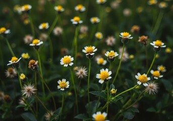 Fototapeta premium Close-up of numerous small white and yellow wildflowers known as Galinsoga parviflora, blooming vigorously in a sunny field, groundcover, field, green