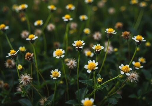 Close-up of numerous small white and yellow wildflowers known as Galinsoga parviflora, blooming vigorously in a sunny field, groundcover, field, green