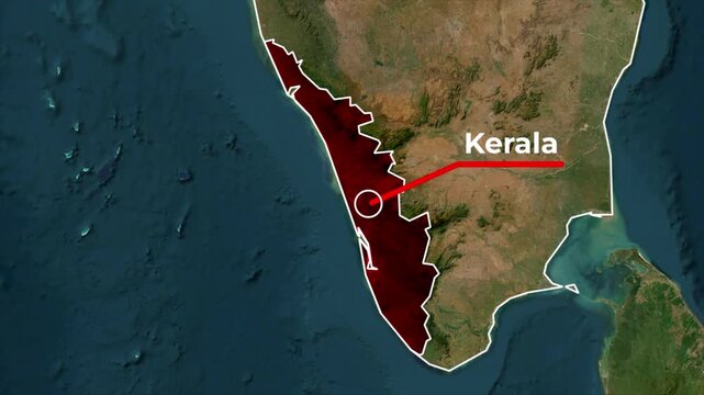 Zoomed in satellite terrain map animation of India highlighting Kerala state in red with a white outline, red callout pointer line, and blinking target location dot