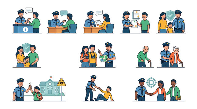 Set of police officers interacting with civilians and children in various daily situations.