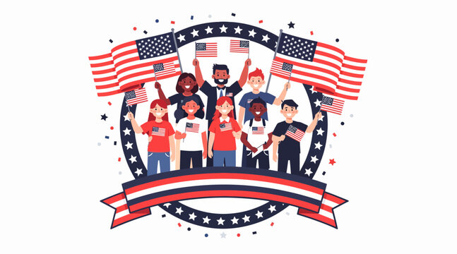 Diverse group of people celebrating with American flags