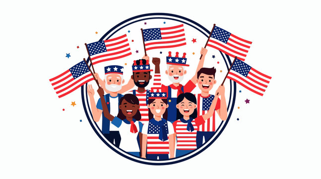 Diverse group of people celebrating with American flags