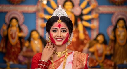 Obraz premium Beautiful Indian Woman Celebrating Traditional Hindu Durga Puja Festival in Saree