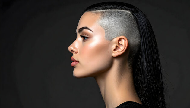 Woman undercut portrait photography posing in studio lighting creating bold calm minimal aesthetic generative AI