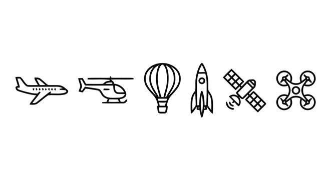 Various transportation vehicles fly through the sky in different directions.
