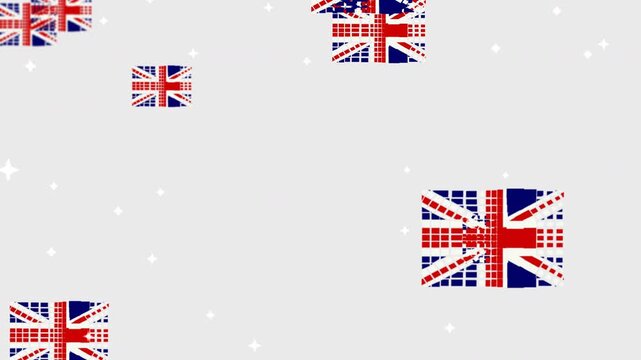 4k 60fps cartoon animation of falling United Kingdom UK flags in mosaic pixel style on white background.