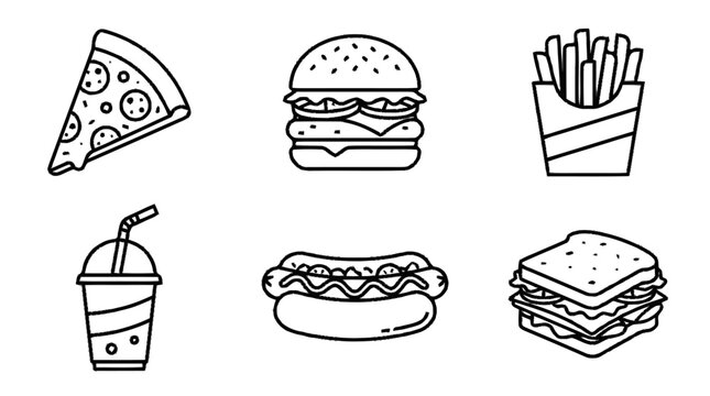 A variety of fast food items including pizza, burgers, fries, soda, and sandwiches are displayed.