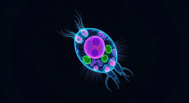 Vibrant microscopic view showing diverse single-celled organisms with glowing organelles and intricate biological structures on a dark void, membrane, complex, neon
