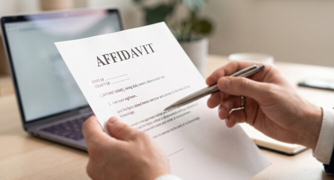 Professional lawyer or businessman reviewing legal affidavit document with pen at office desk.