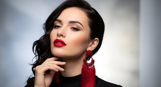 Beautiful Woman Wearing Bold Red Lipstick and Elegant Fashion Tassel Earrings Portrait