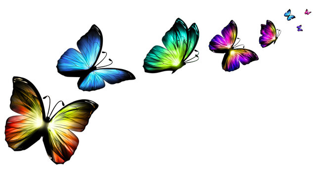 Neon 3D butterflies flying in a vortex wave isolated on transparent background