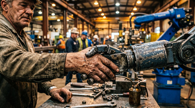 Close up of grease stained mechanic hand shaking heavy duty industrial robot hand