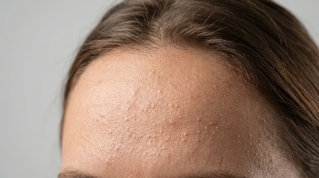 Close up shot of tiny white bumps and closed comedones on female forehead skin texture dermatology problem