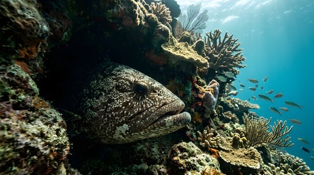 Large spotted grouper fish resting in tropical coral reef underwater