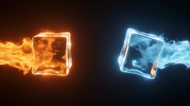 Fiery orange cube and icy blue cube facing each other in dark space, symbolizing elemental contrast, balance, and transformation between heat and cold.