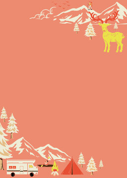 Illustrated camping scene with mountains, trees, a tent, and a deer.
